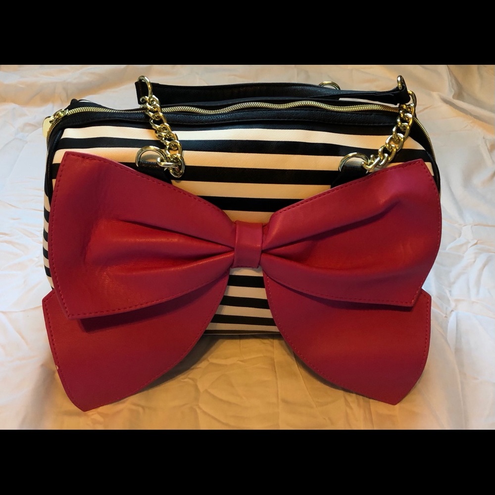 Betsey Johnson Striped B&W Purse with Pink Bow